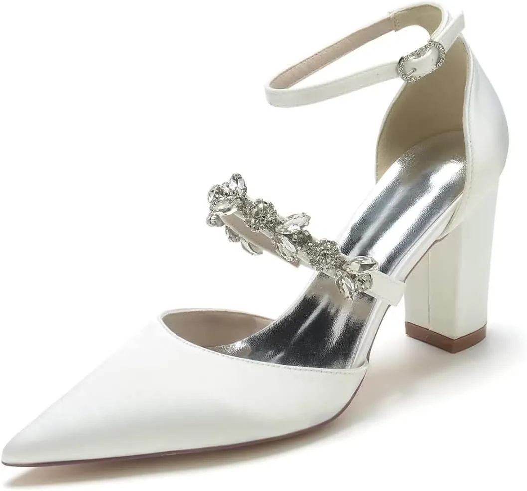 Satin Rhinestones Wedding Shoes for Bride Block Heel Pointed Toe Bridal Heels Women Dress Shoes Pumps