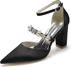 Satin Rhinestones Wedding Shoes for Bride Block Heel Pointed Toe Bridal Heels Women Dress Shoes Pumps