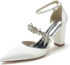 Satin Rhinestones Wedding Shoes for Bride Block Heel Pointed Toe Bridal Heels Women Dress Shoes Pumps