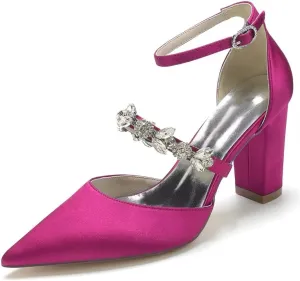 Satin Rhinestones Wedding Shoes for Bride Block Heel Pointed Toe Bridal Heels Women Dress Shoes Pumps