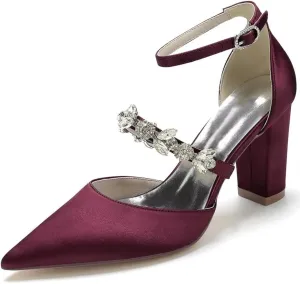 Satin Rhinestones Wedding Shoes for Bride Block Heel Pointed Toe Bridal Heels Women Dress Shoes Pumps