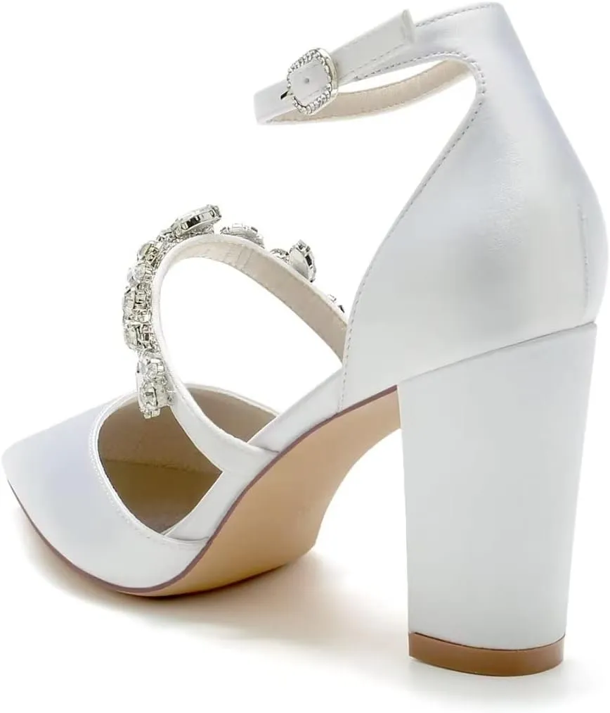 Satin Rhinestones Wedding Shoes for Bride Block Heel Pointed Toe Bridal Heels Women Dress Shoes Pumps