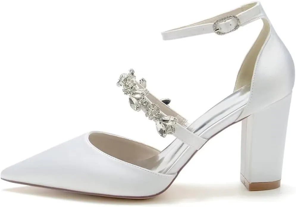 Satin Rhinestones Wedding Shoes for Bride Block Heel Pointed Toe Bridal Heels Women Dress Shoes Pumps