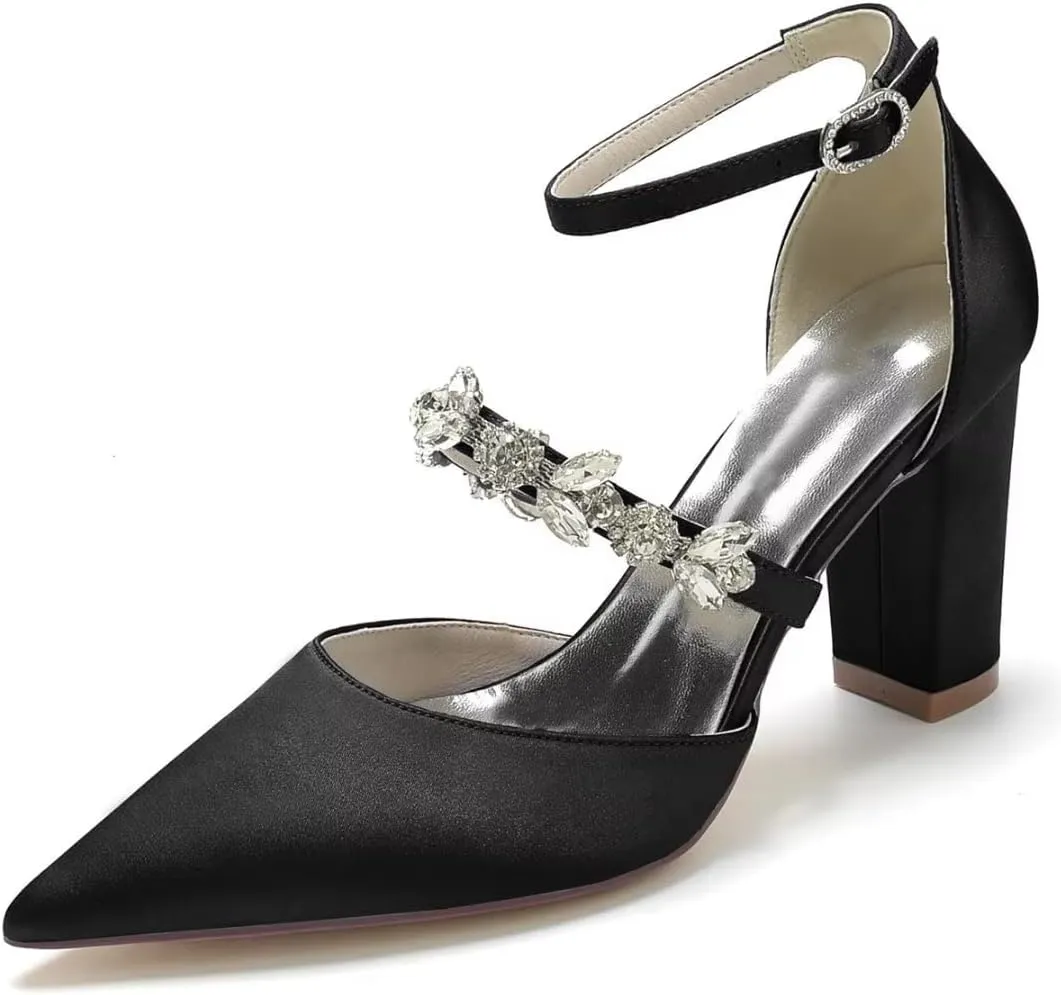 Satin Rhinestones Wedding Shoes for Bride Block Heel Pointed Toe Bridal Heels Women Dress Shoes Pumps