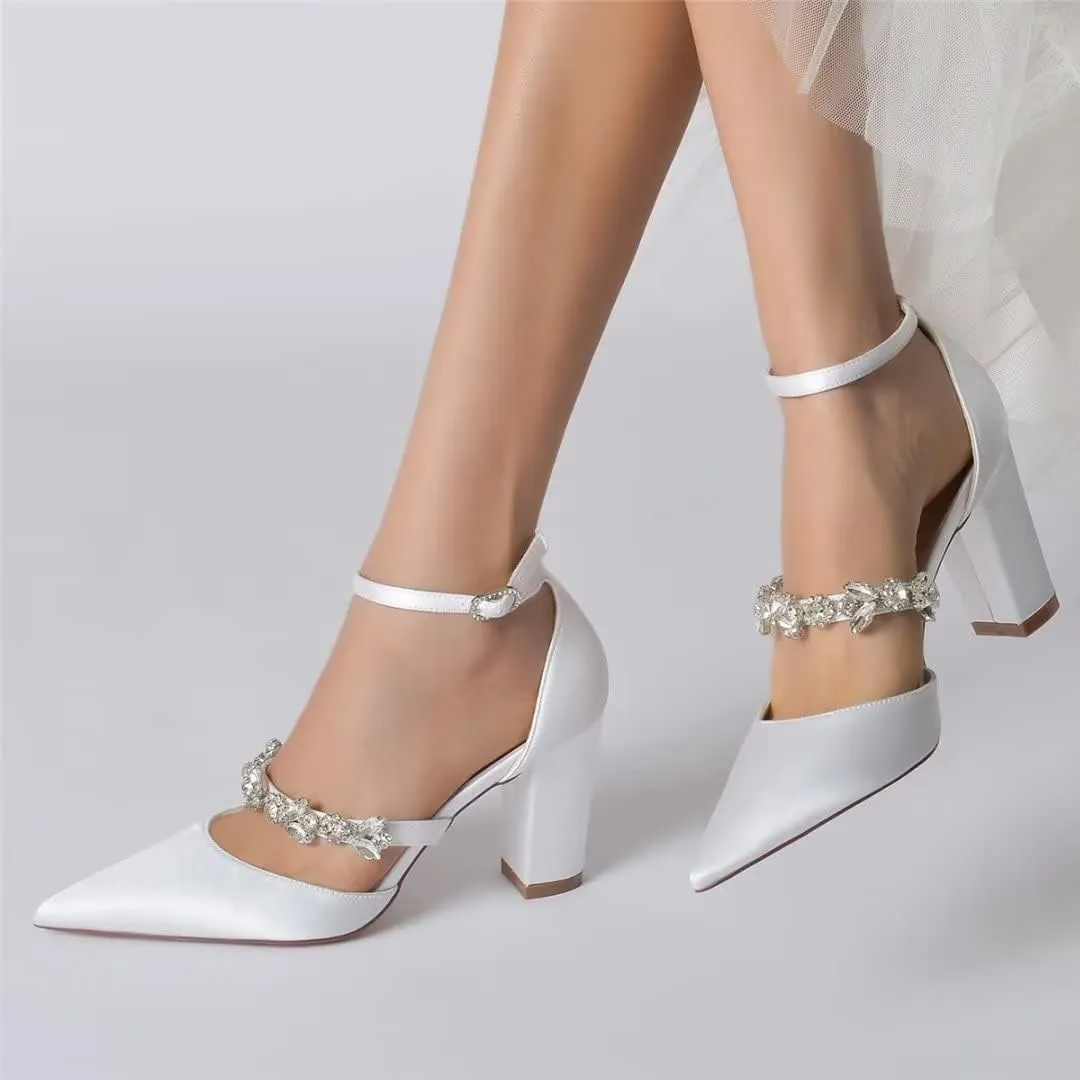 Satin Rhinestones Wedding Shoes for Bride Block Heel Pointed Toe Bridal Heels Women Dress Shoes Pumps