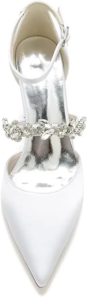 Satin Rhinestones Wedding Shoes for Bride Block Heel Pointed Toe Bridal Heels Women Dress Shoes Pumps
