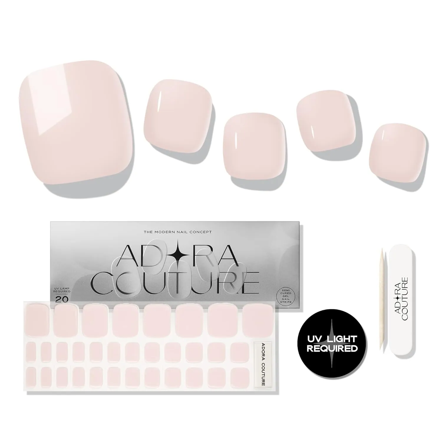 Semi Cured Gel Nail Strips Pedicure Stickers, 32 Pieces, Glossy Gel Nail Stickers for Toes, Salon Quality Nails at Home, UV Light Required, Pink P