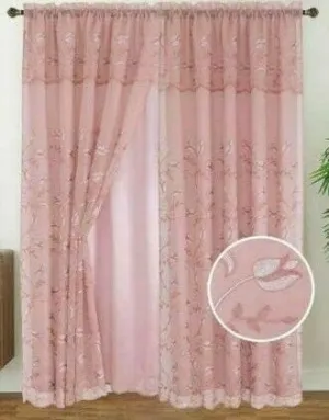 Set of 2 Kylie Embroidered Curtain Panels with Attached Taffeta Backing and Valance, 108" Wide x 84" Long (Blush Pink)