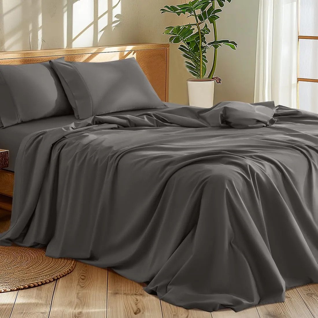 Shilucheng 1200 Thread Count Cotton Sheets Set，Luxury 100% Egyptian Cotton Bed Sheets，5-Star Hotel Quality Sheets, Breathable & Cooling, 16 Inch Deep Pocket - 4 Piece (Dark Grey, Full)