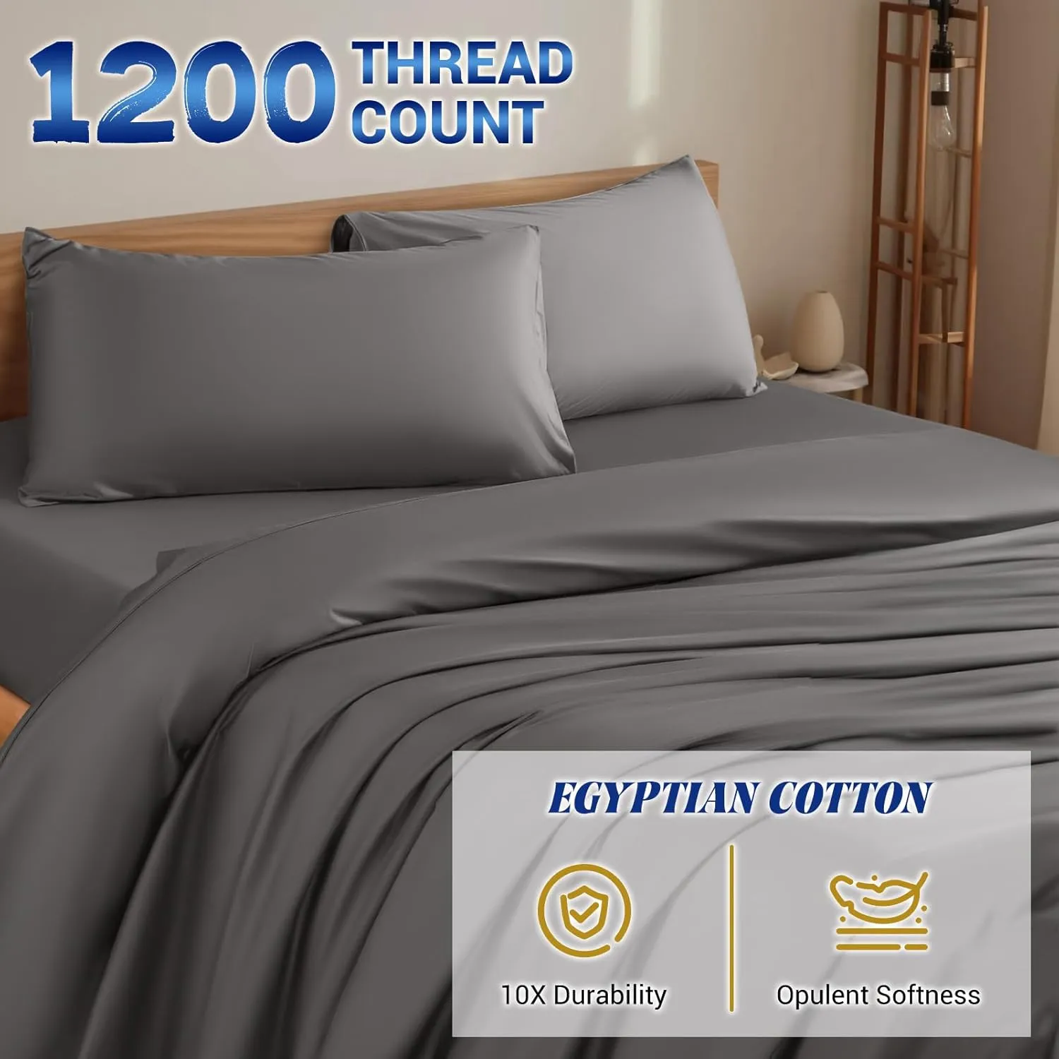Shilucheng 1200 Thread Count Cotton Sheets Set，Luxury 100% Egyptian Cotton Bed Sheets，5-Star Hotel Quality Sheets, Breathable & Cooling, 16 Inch Deep Pocket - 4 Piece (Dark Grey, Full)
