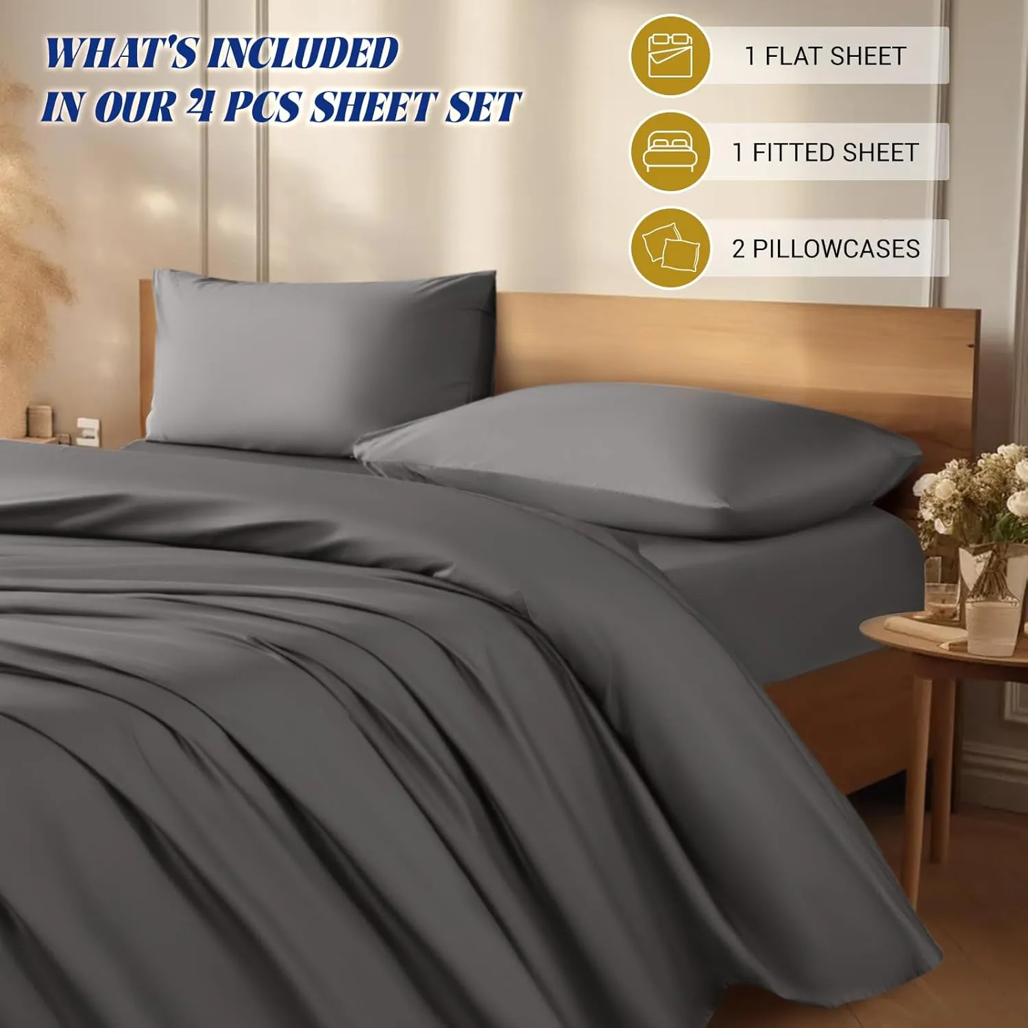 Shilucheng 1200 Thread Count Cotton Sheets Set，Luxury 100% Egyptian Cotton Bed Sheets，5-Star Hotel Quality Sheets, Breathable & Cooling, 16 Inch Deep Pocket - 4 Piece (Dark Grey, Full)