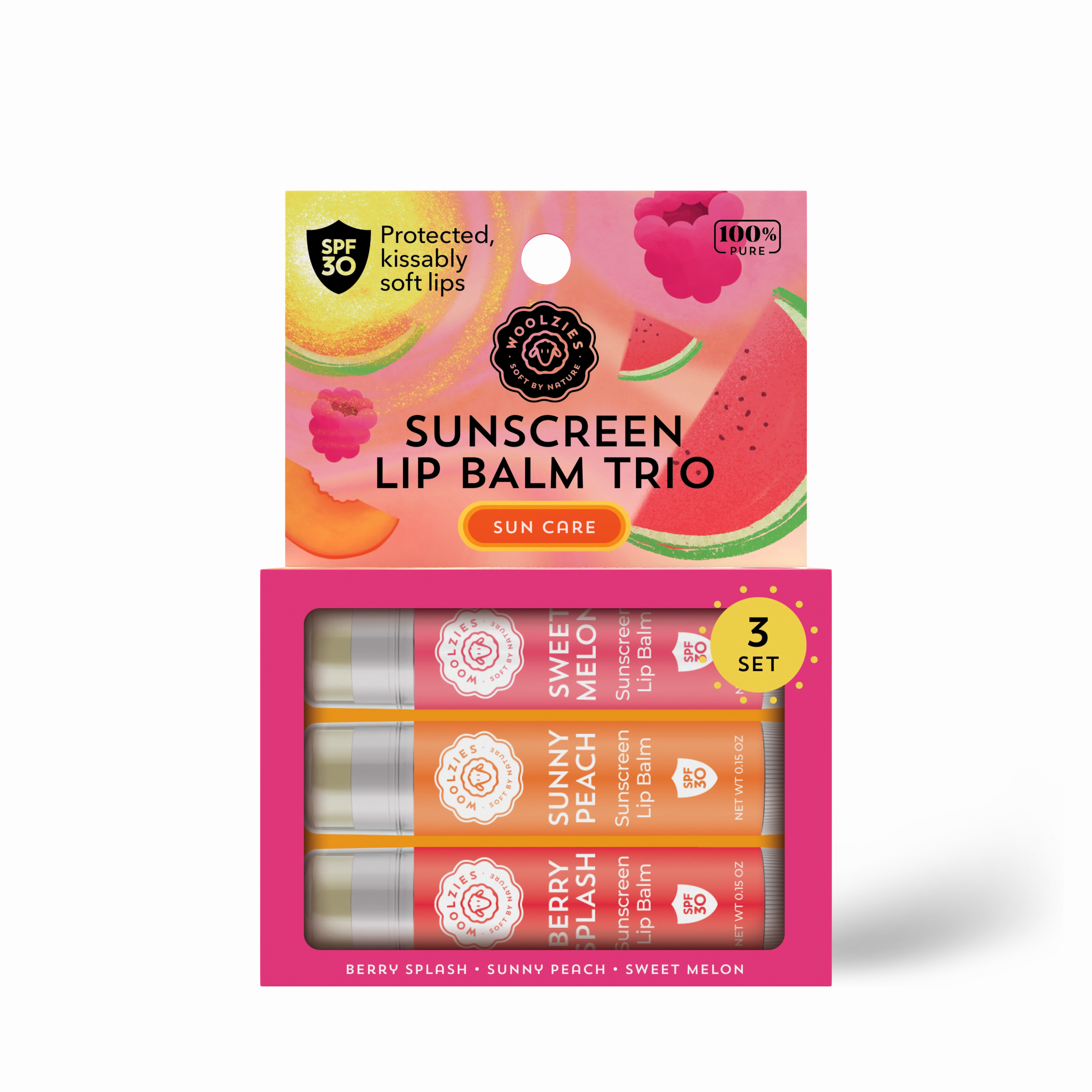 SPF Sunscreen Lip Balm Trio Sweet Melon, Sunny Peach, Berry