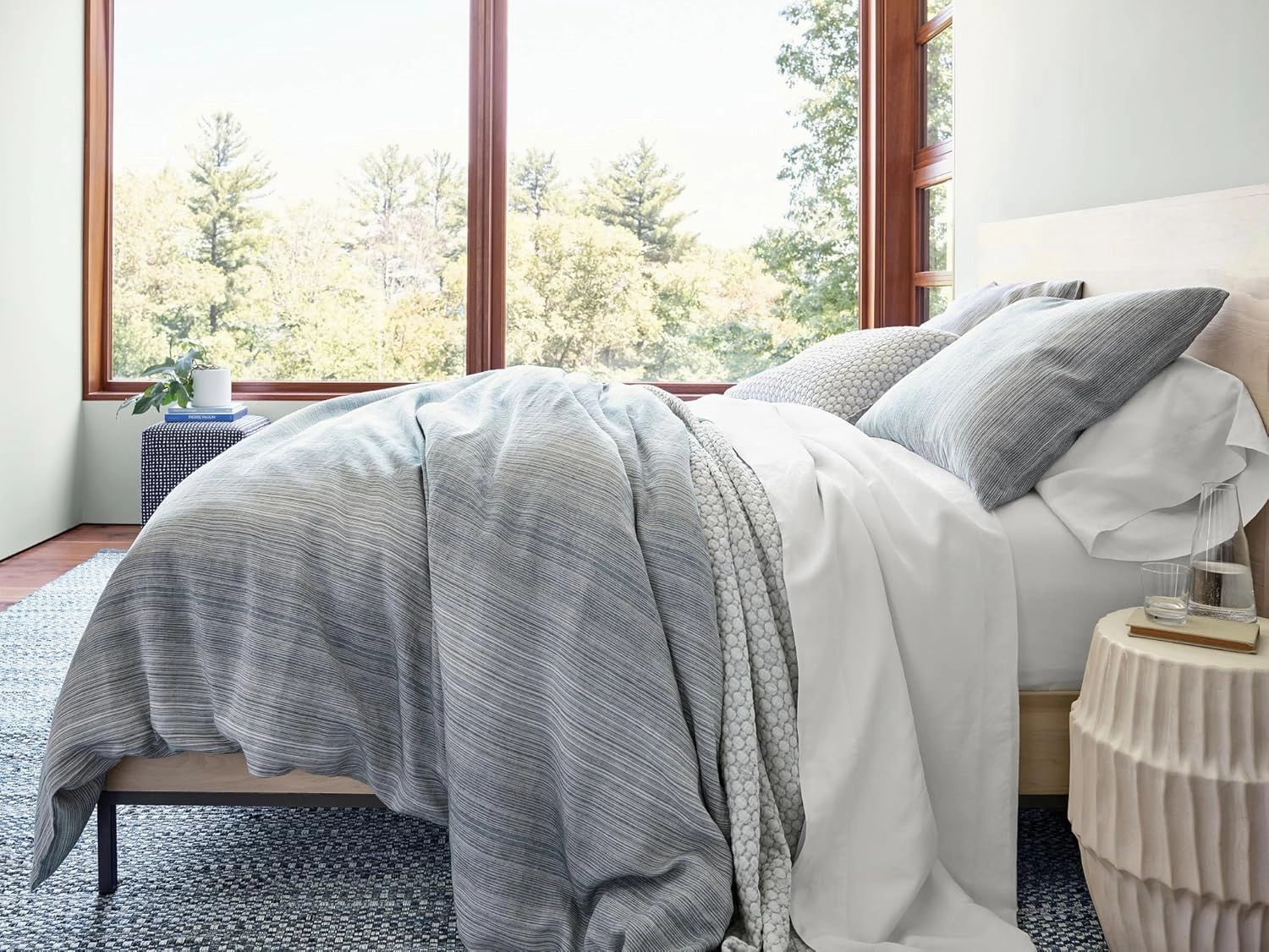 Sterling Stripe Linen Blue Duvet Cover, Full/Queen Size, Blue Stripe Pattern