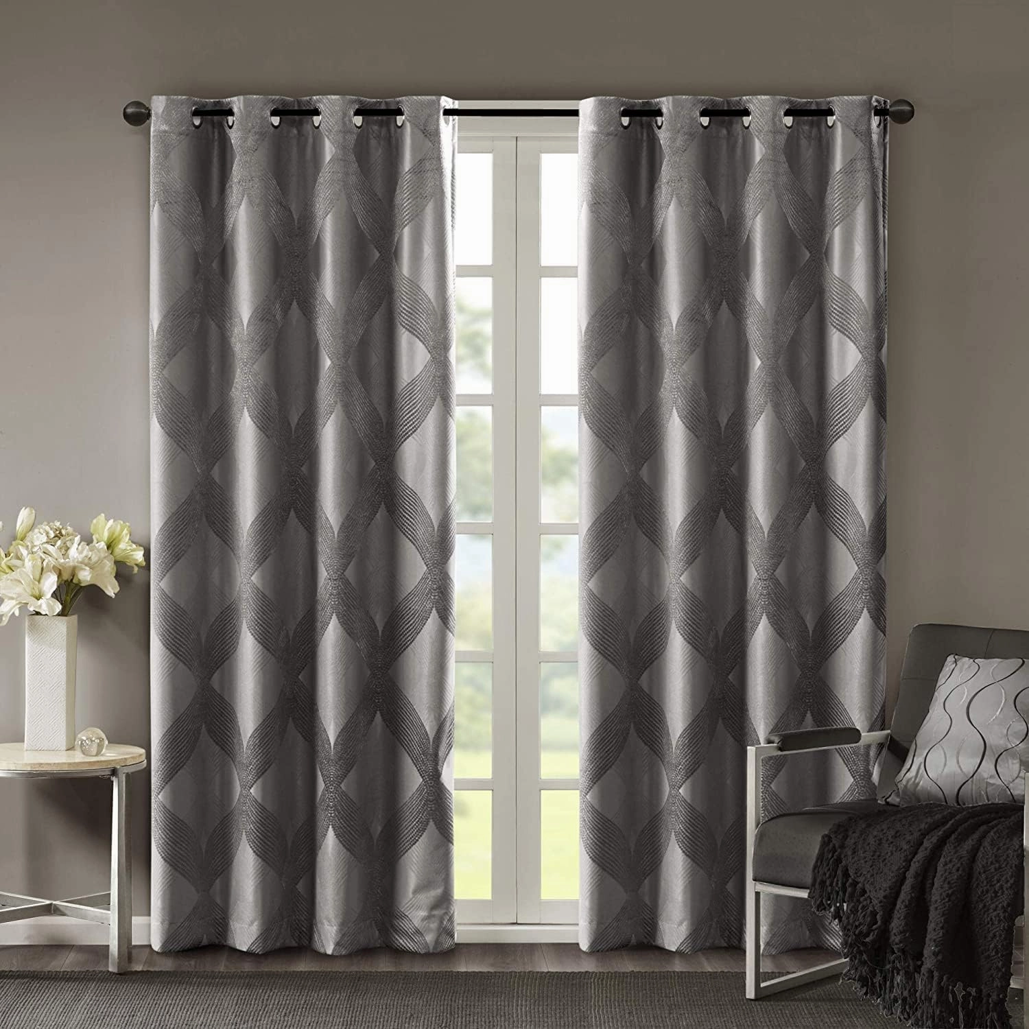 Sun Smart Bentley Total Blackout Curtains Window, Ogee Knitted Jacquard, Grommet Top Living Room Decor, Thermal Insulated Light Blocking Drape for Bedroom and Apartments 50x84, Charcoal