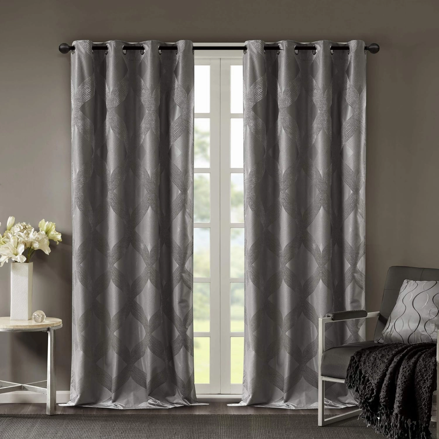 Sun Smart Bentley Total Blackout Curtains Window, Ogee Knitted Jacquard, Grommet Top Living Room Decor, Thermal Insulated Light Blocking Drape for Bedroom and Apartments 50x84, Charcoal