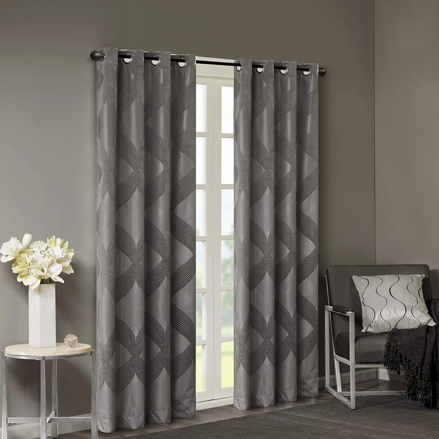 Sun Smart Bentley Total Blackout Curtains Window, Ogee Knitted Jacquard, Grommet Top Living Room Decor, Thermal Insulated Light Blocking Drape for Bedroom and Apartments 50x84, Charcoal