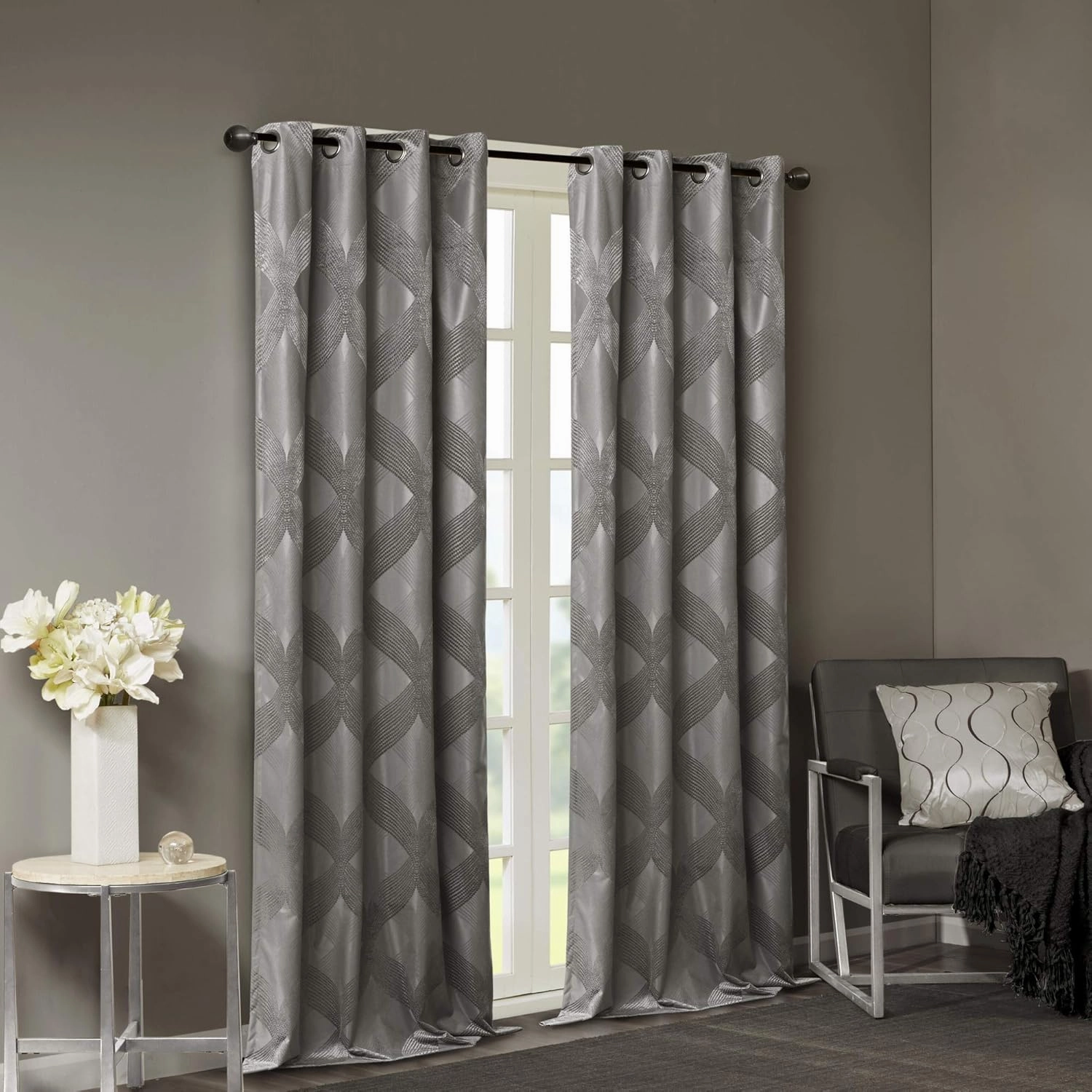 Sun Smart Bentley Total Blackout Curtains Window, Ogee Knitted Jacquard, Grommet Top Living Room Decor, Thermal Insulated Light Blocking Drape for Bedroom and Apartments 50x84, Charcoal