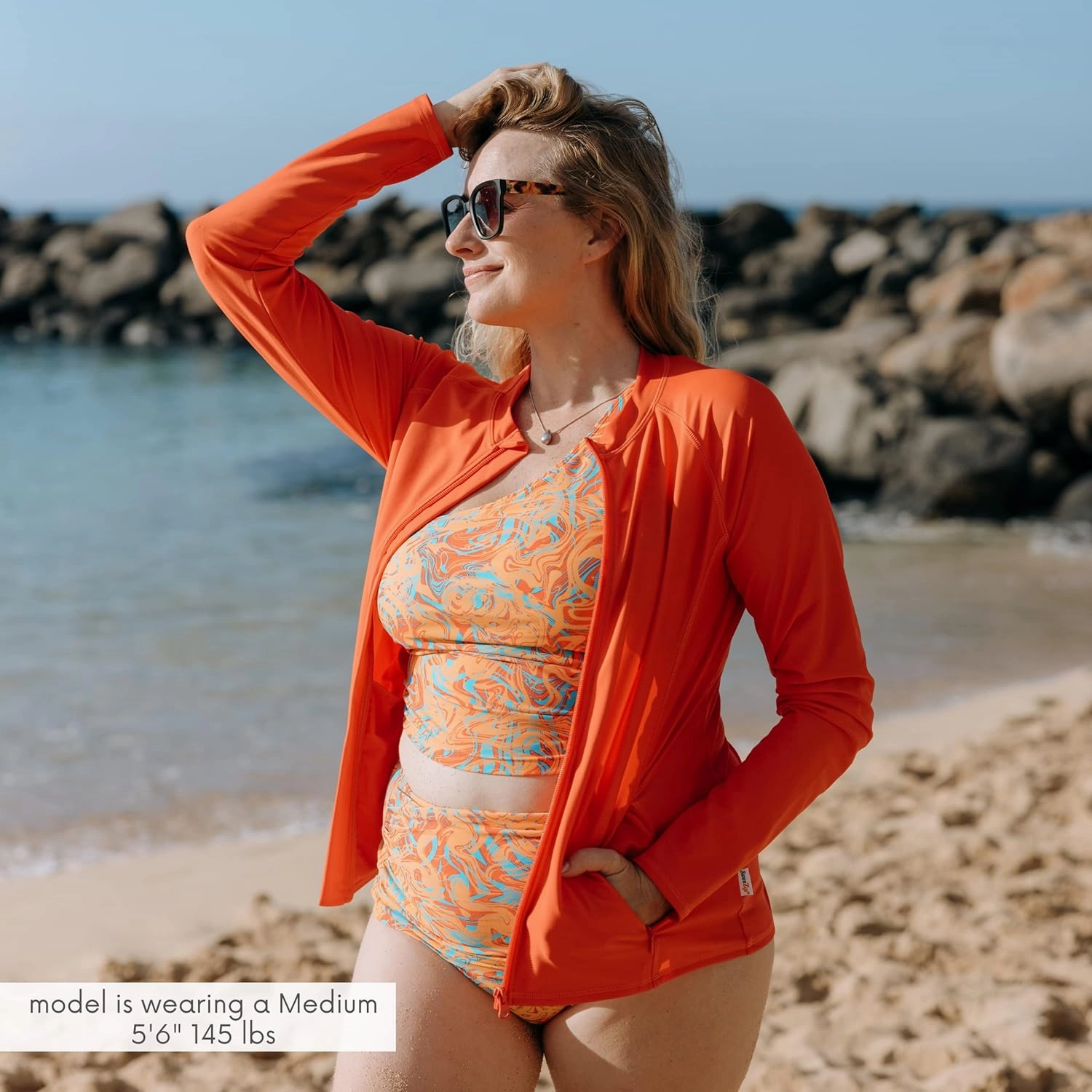 SwimZip Women's Long Sleeve Rash Guard with Pockets & UPF 50  Sun Protection