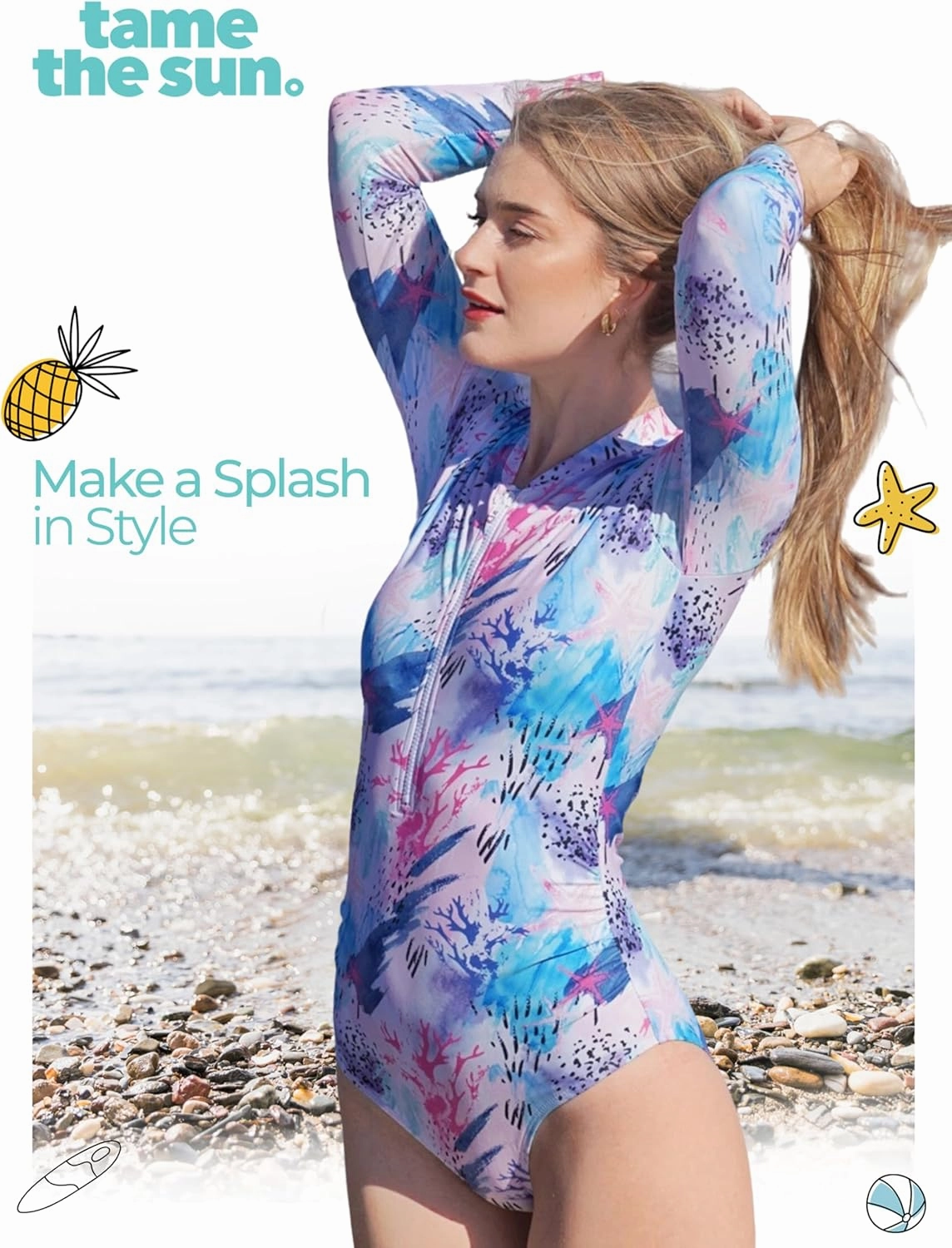Tame the Sun Long Sleeve Swimsuits for Women - One Piece Tummy Control, UPF 50  Bathing Suit - Rash Guard, Zipper Swimwear