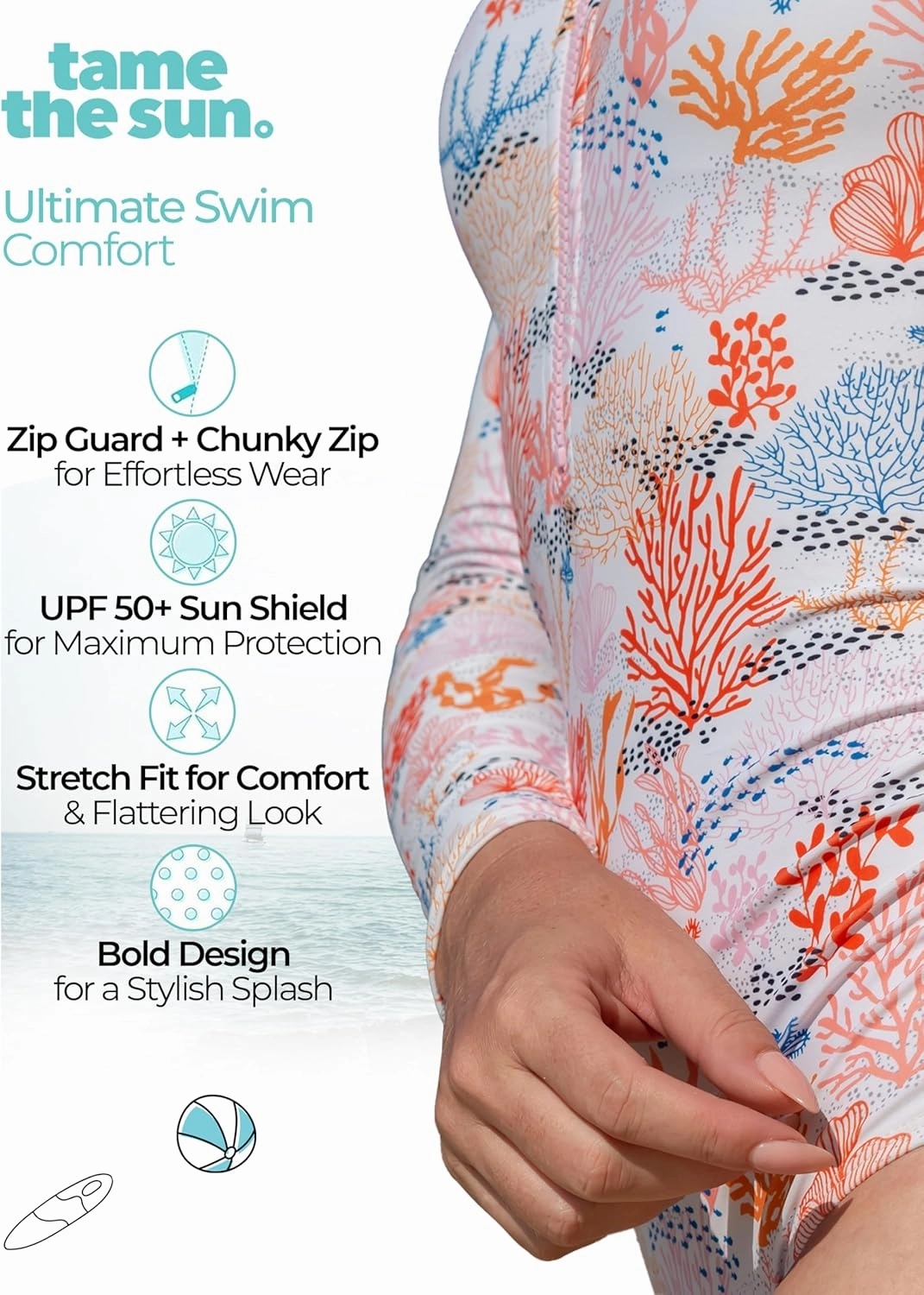 Tame the Sun Long Sleeve Swimsuits for Women - One Piece Tummy Control, UPF 50  Bathing Suit - Rash Guard, Zipper Swimwear