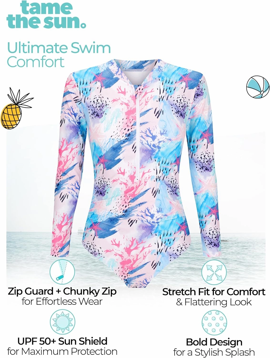 Tame the Sun Long Sleeve Swimsuits for Women - One Piece Tummy Control, UPF 50  Bathing Suit - Rash Guard, Zipper Swimwear