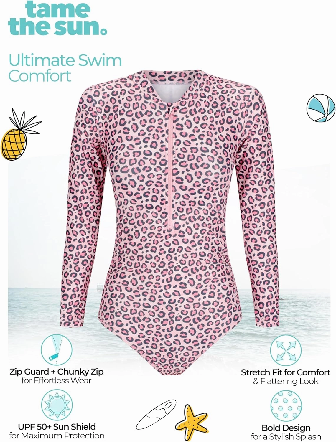 Tame the Sun Long Sleeve Swimsuits for Women - One Piece Tummy Control, UPF 50  Bathing Suit - Rash Guard, Zipper Swimwear