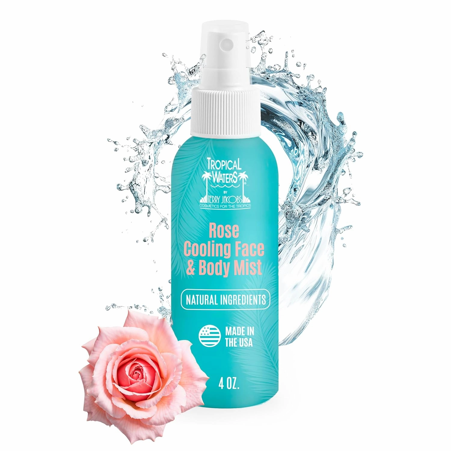Terry Jacobs Tropical Waters Rose Water Makeup Setting Spray | Alcohol-Free, Oil-Free, Long-Lasting Face & Hair Mist | Travel Size, Hydrating Setting Spray for Makeup, Cruelty-Free Cosmetics | 4 Fl Oz