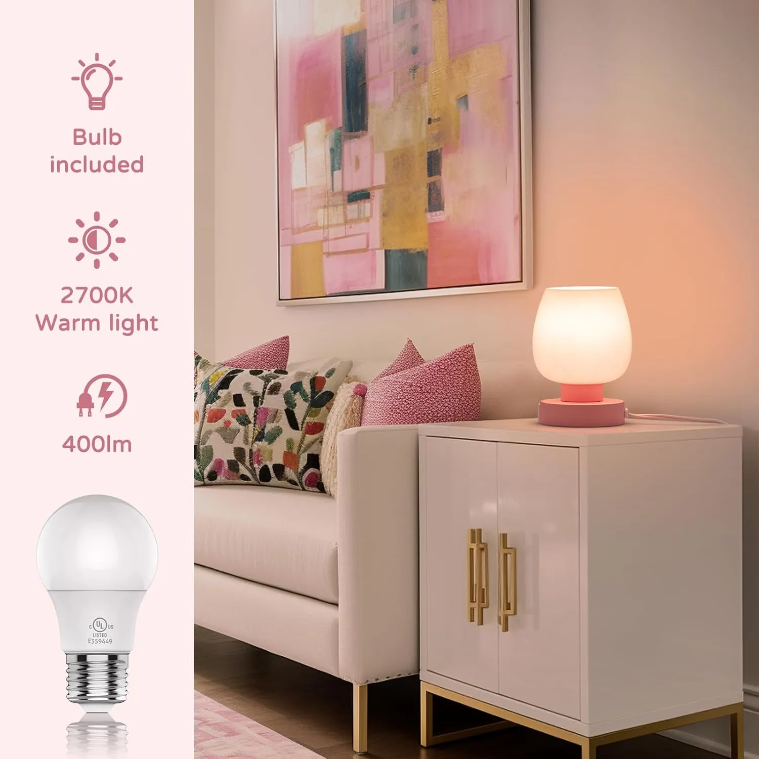 Touch Bedside Table Lamp - Pink Small Lamp for Bedroom with USB C A Charging Ports 3 Way Dimmable, Nightstand Desk lamp with Glass Lamp Shade Warm LED Bulb Included, Simple Design Christmas