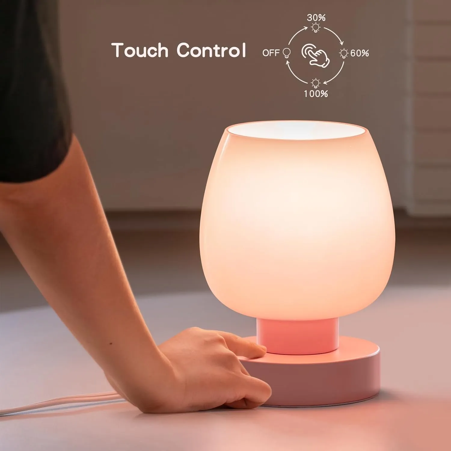 Touch Bedside Table Lamp - Pink Small Lamp for Bedroom with USB C A Charging Ports 3 Way Dimmable, Nightstand Desk lamp with Glass Lamp Shade Warm LED Bulb Included, Simple Design Christmas
