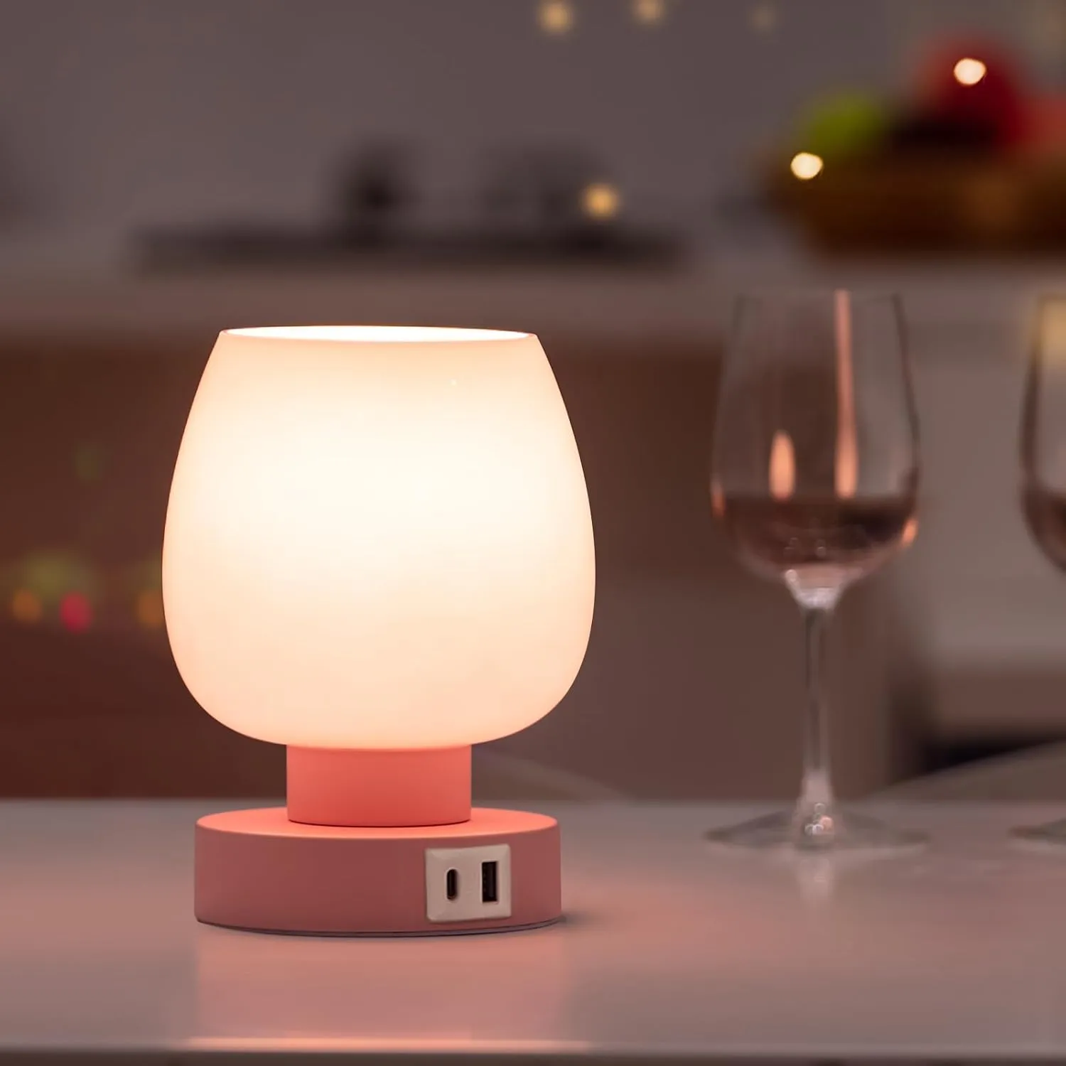 Touch Bedside Table Lamp - Pink Small Lamp for Bedroom with USB C A Charging Ports 3 Way Dimmable, Nightstand Desk lamp with Glass Lamp Shade Warm LED Bulb Included, Simple Design Christmas