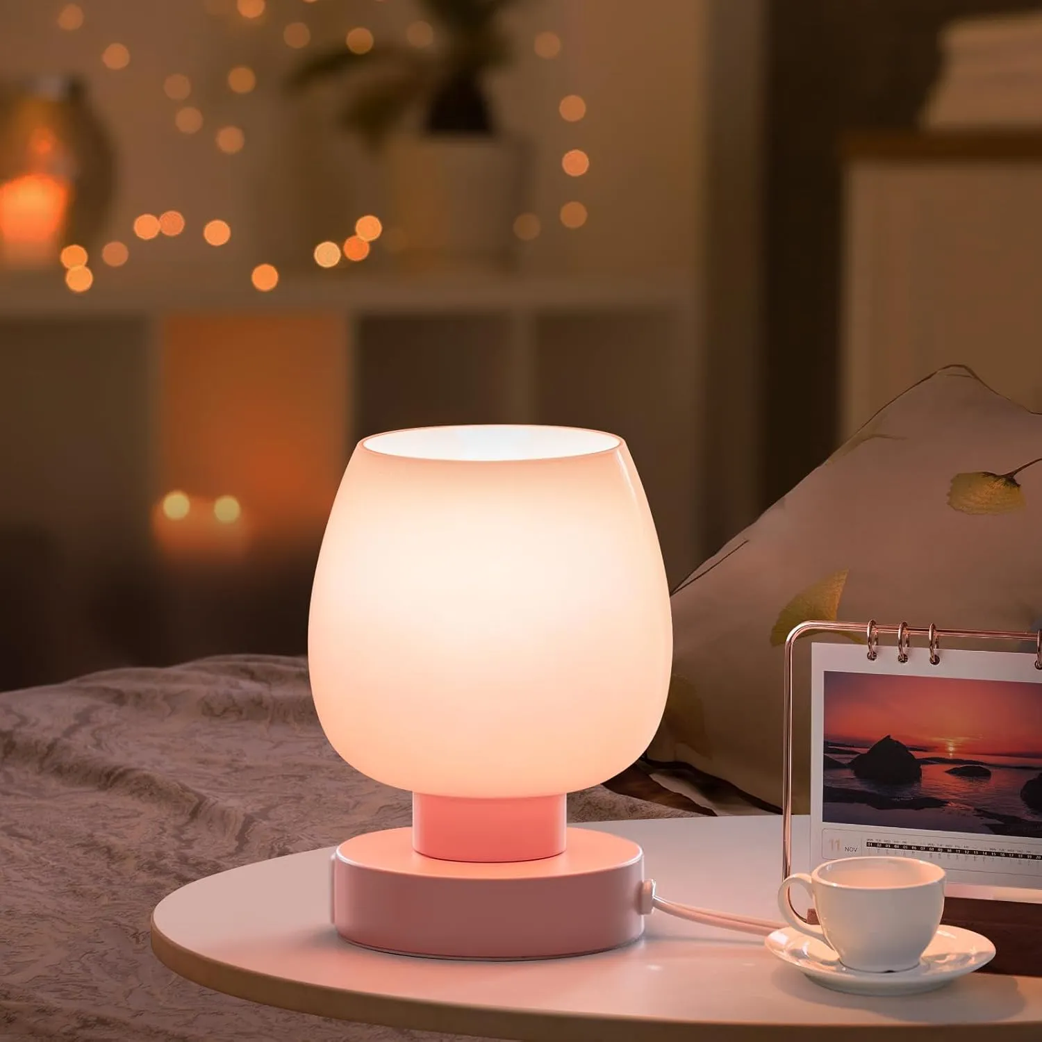 Touch Bedside Table Lamp - Pink Small Lamp for Bedroom with USB C A Charging Ports 3 Way Dimmable, Nightstand Desk lamp with Glass Lamp Shade Warm LED Bulb Included, Simple Design Christmas