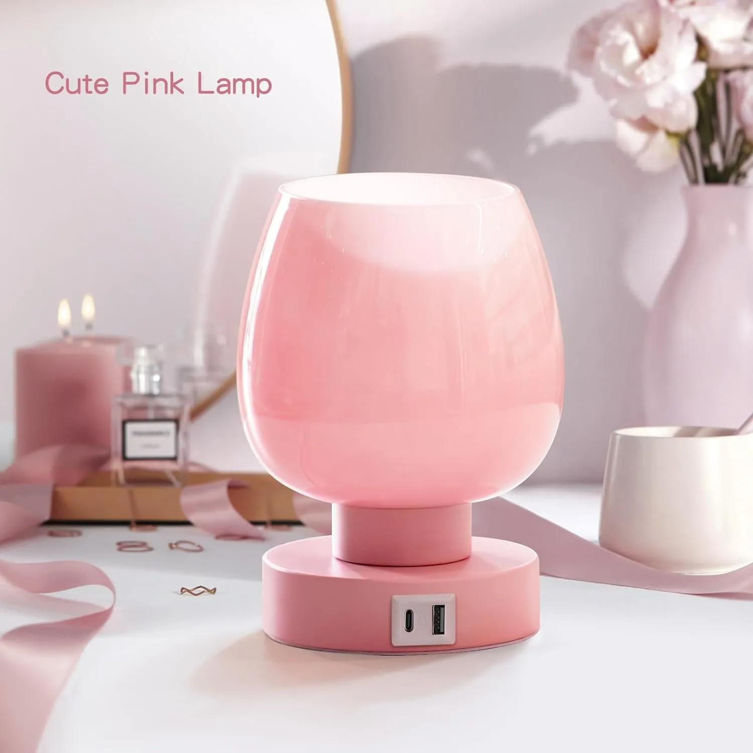 Touch Bedside Table Lamp - Pink Small Lamp for Bedroom with USB C A Charging Ports 3 Way Dimmable, Nightstand Desk lamp with Glass Lamp Shade Warm LED Bulb Included, Simple Design Christmas