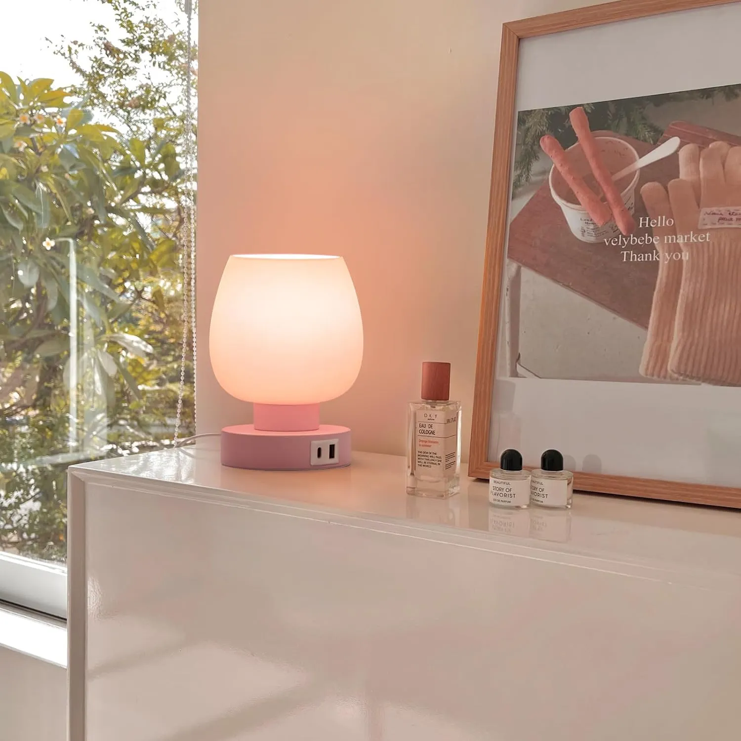 Touch Bedside Table Lamp - Pink Small Lamp for Bedroom with USB C A Charging Ports 3 Way Dimmable, Nightstand Desk lamp with Glass Lamp Shade Warm LED Bulb Included, Simple Design Christmas