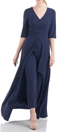 V-Neck 3/4 Sleeve Solid Zipper Back Full-Length Skirt with Walk-Through Front Cutout Crepe Jumpsuit Midnight / 4