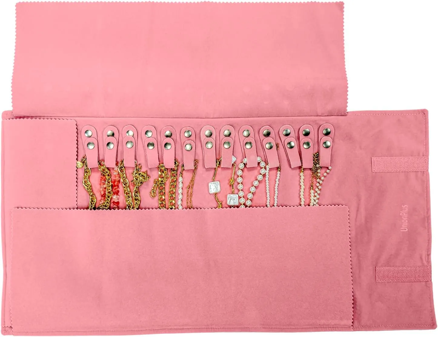 Velvet Travel Jewelry Roll Bag Organizer for Necklace, Elastic Band and Anti-winding, Blush Pink