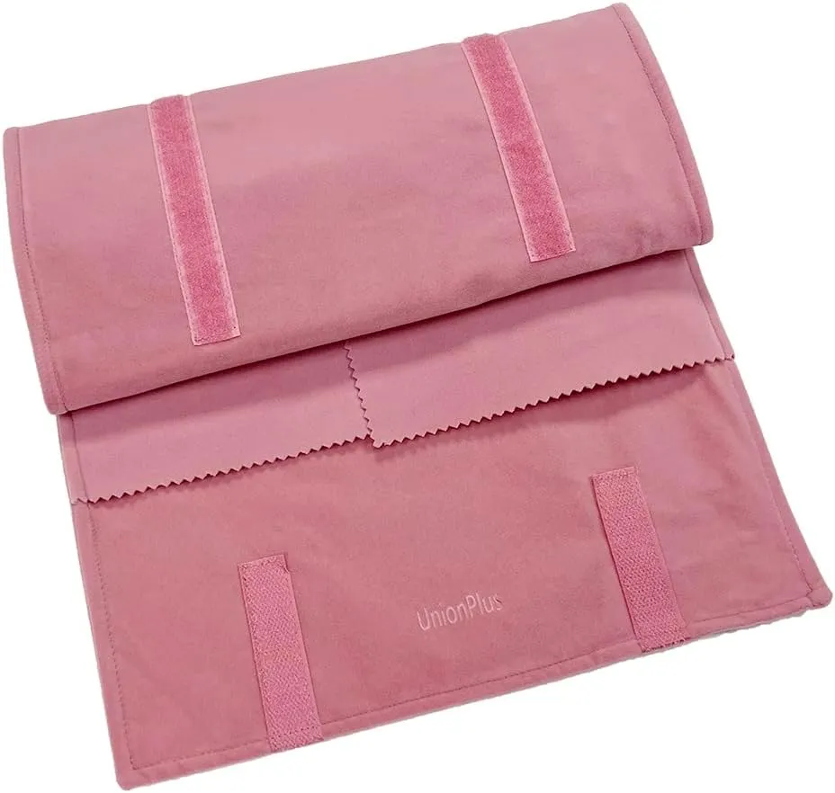 Velvet Travel Jewelry Roll Bag Organizer for Necklace, Elastic Band and Anti-winding, Blush Pink