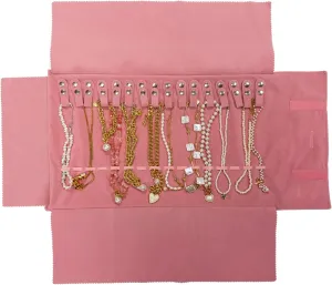 Velvet Travel Jewelry Roll Bag Organizer for Necklace, Elastic Band and Anti-winding, Blush Pink
