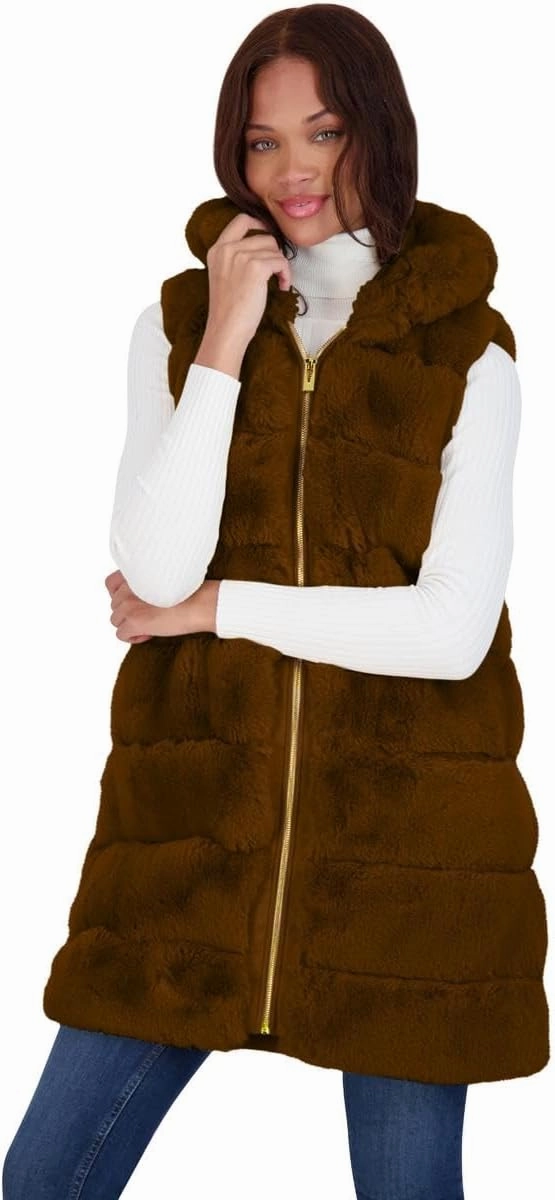 VIA SPIGA Women's Grooved Faux Fur Hooded Vest