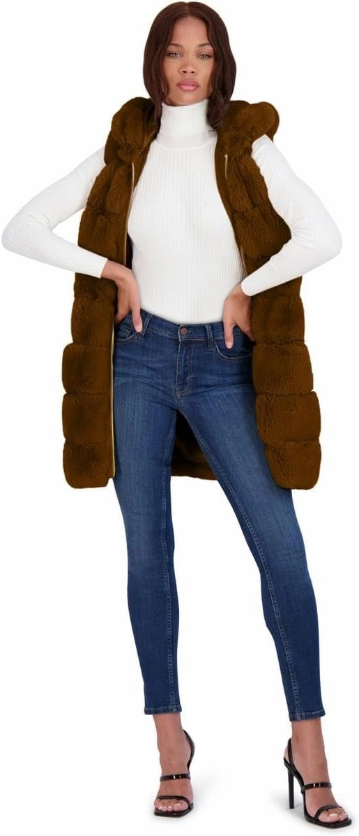 VIA SPIGA Women's Grooved Faux Fur Hooded Vest