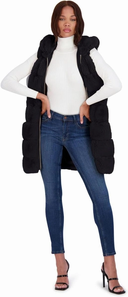 VIA SPIGA Women's Grooved Faux Fur Hooded Vest