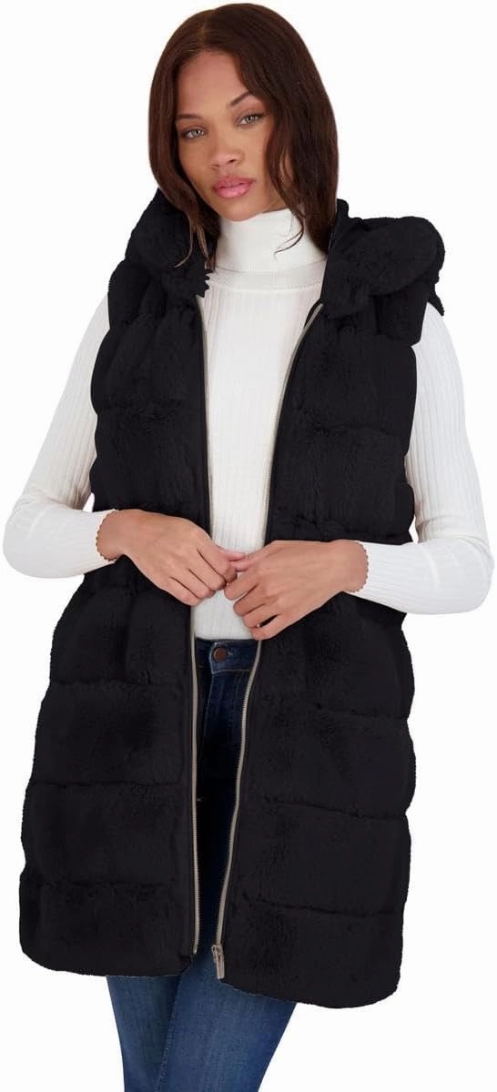 VIA SPIGA Women's Grooved Faux Fur Hooded Vest