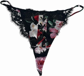 Victoria's Secret Atelier Satin Lace Tanga/Thong Panty Black Floral New