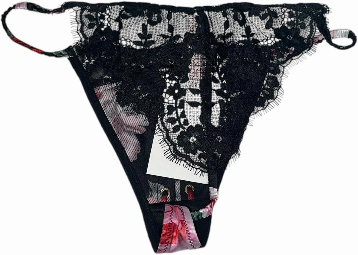 Victoria's Secret Atelier Satin Lace Tanga/Thong Panty Black Floral New