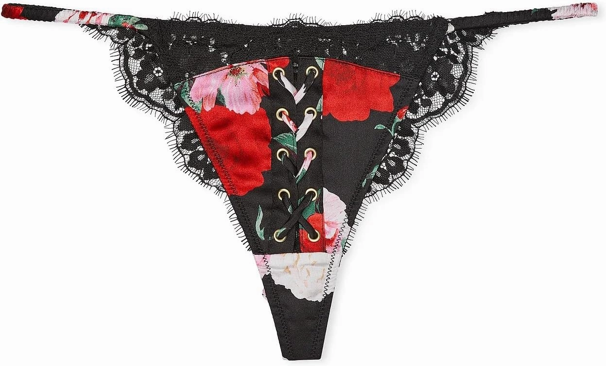 Victoria's Secret Atelier Satin Lace Tanga/Thong Panty Black Floral New