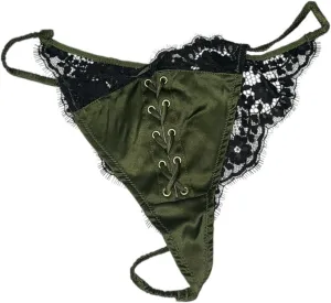 Victoria's Secret Atelier Satin Lace Tanga/Thong Panty Olive Green New