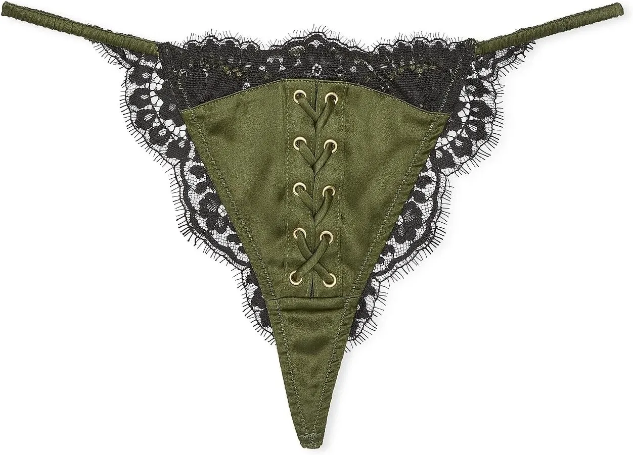 Victoria's Secret Atelier Satin Lace Tanga/Thong Panty Olive Green New
