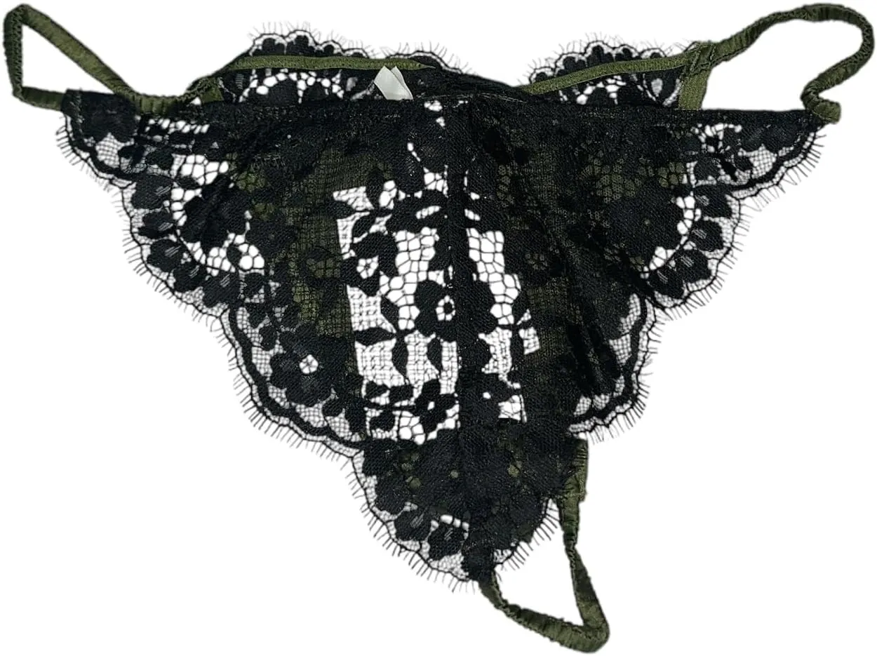 Victoria's Secret Atelier Satin Lace Tanga/Thong Panty Olive Green New