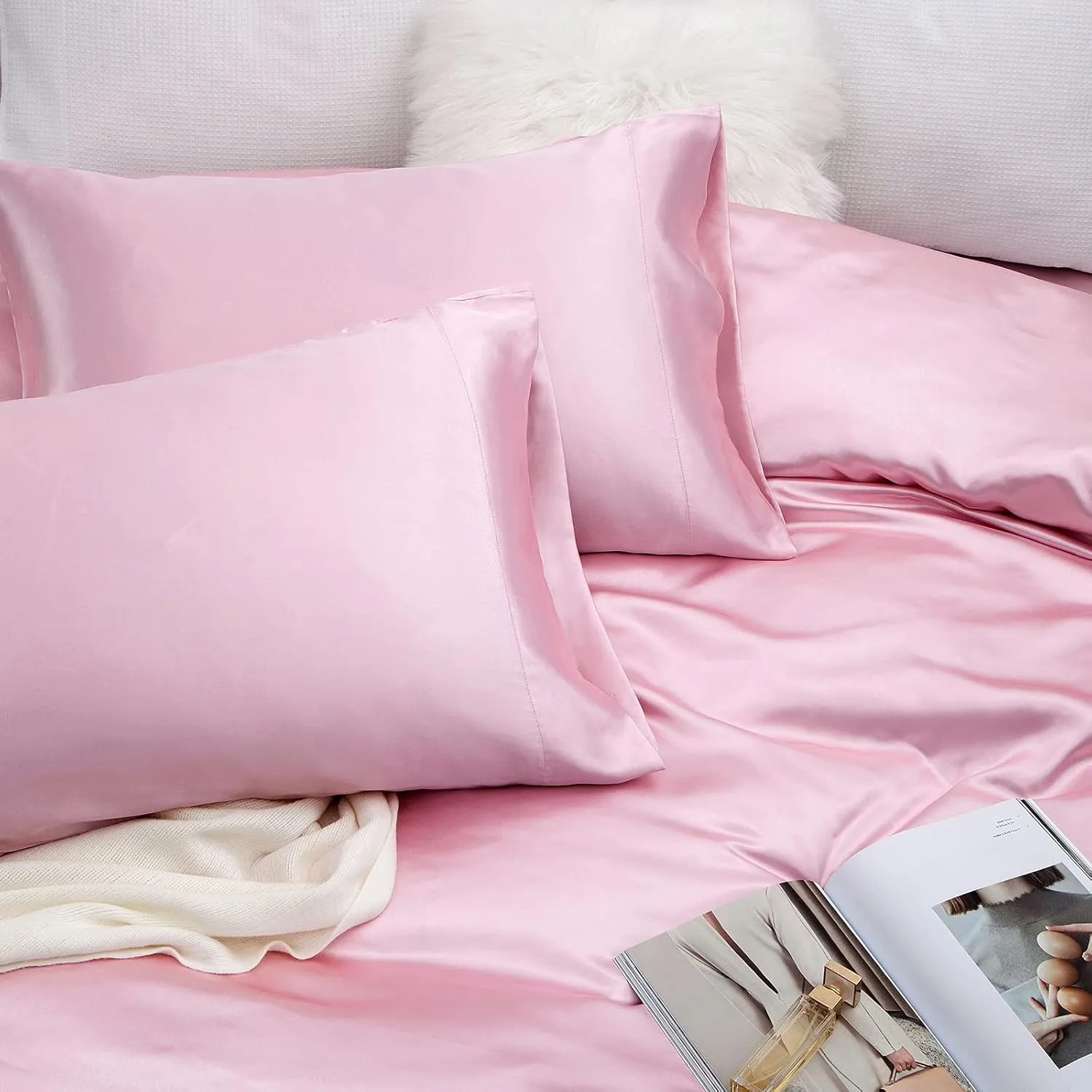 Vonty Satin Sheets Full Size Silky Soft Satin Bed Sheets Pink Sheet Set, 1 Deep Pocket Fitted Sheet   1 Flat Sheet   2 Pillowcases