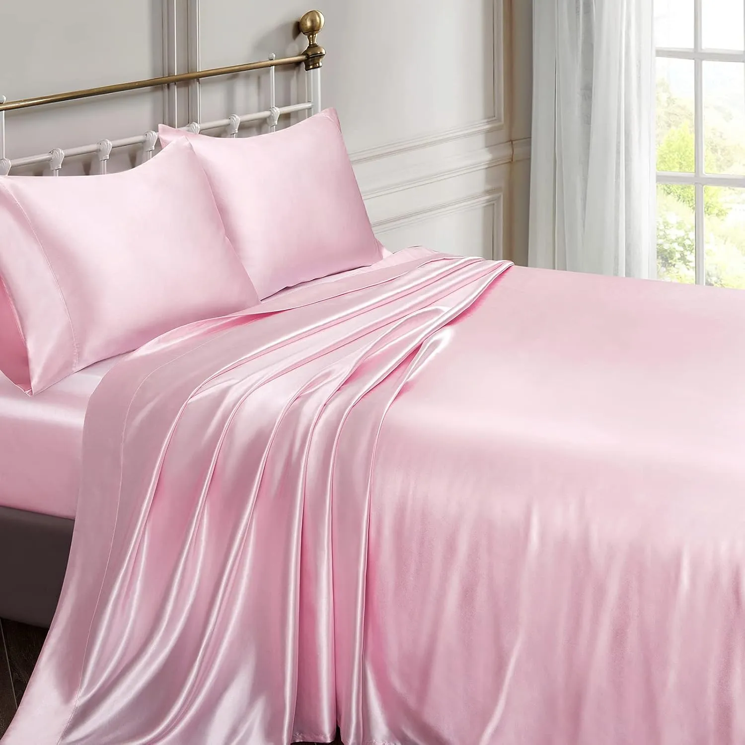 Vonty Satin Sheets Full Size Silky Soft Satin Bed Sheets Pink Sheet Set, 1 Deep Pocket Fitted Sheet   1 Flat Sheet   2 Pillowcases