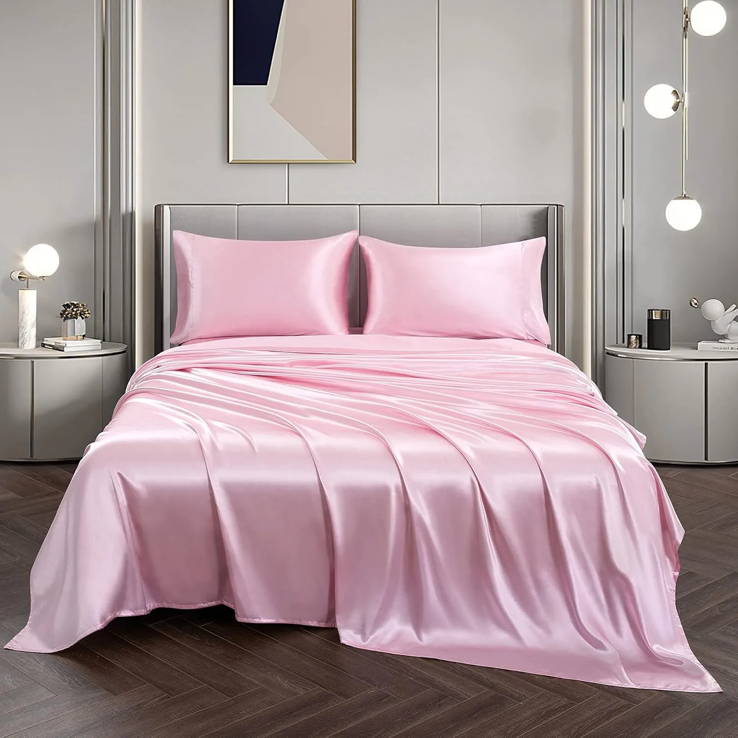 Vonty Satin Sheets Full Size Silky Soft Satin Bed Sheets Pink Sheet Set, 1 Deep Pocket Fitted Sheet   1 Flat Sheet   2 Pillowcases
